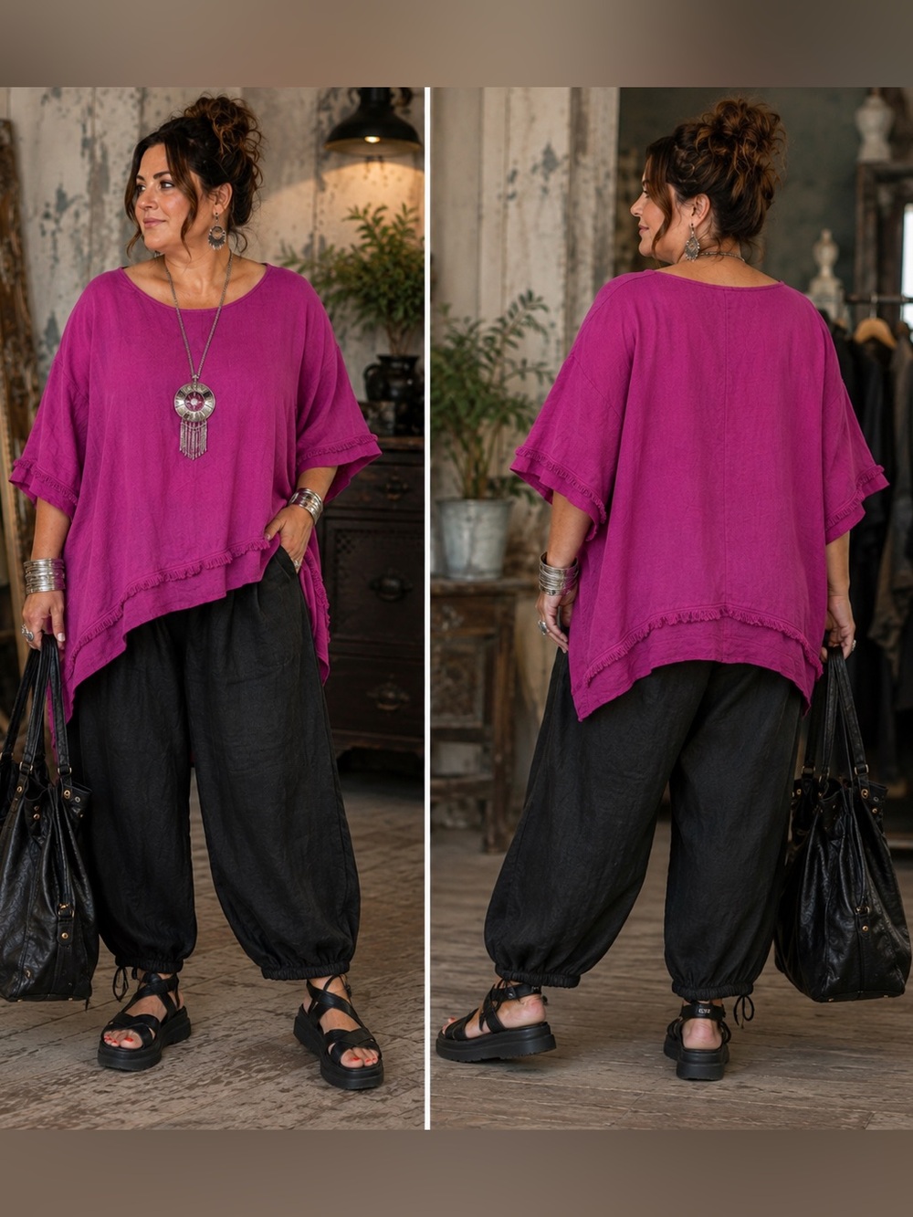Umgee 2XL Magenta Linen Cotton Frayed High Low Lagenlook Tunic Top NWT